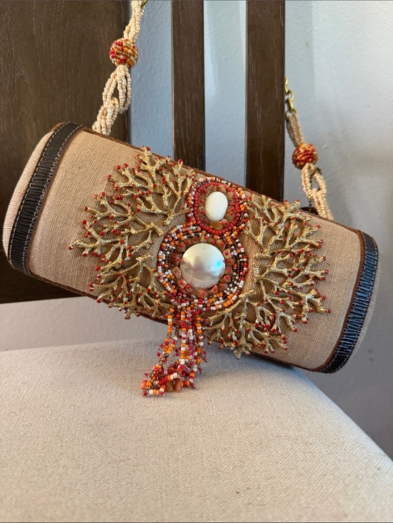 Mary Frances Handbags - Mary Frances Rare Beaded Embellished Coral Motif Shoulder Bag Gold Tan Red